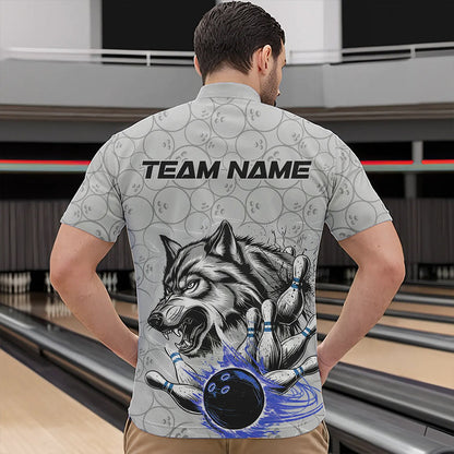 Custom Gray And Blue Wolf Bowling Quarter-Zip Shirts For Men, Wolf Bowling Tournament Shirt IPHW8718