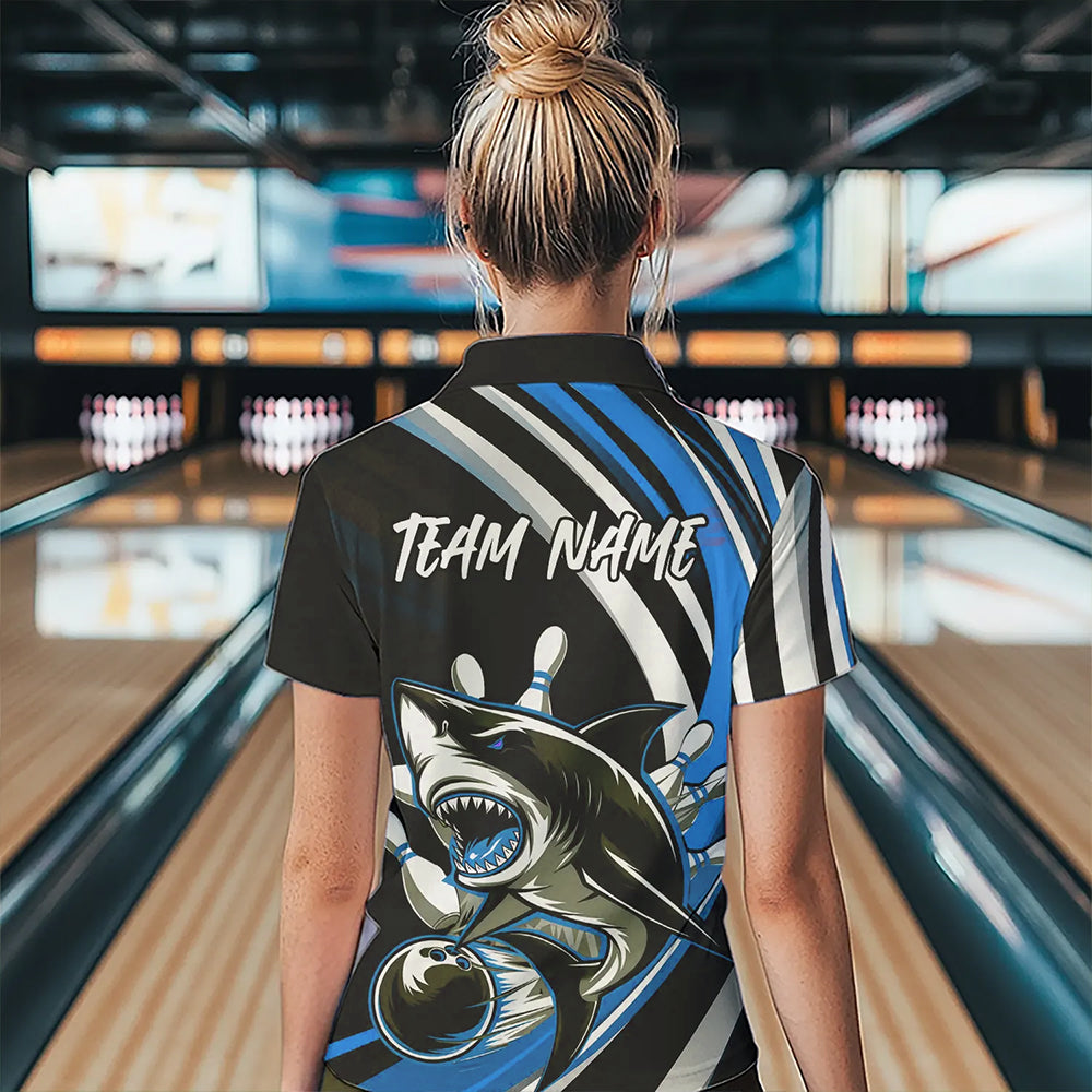 Custom Black And Blue Shark Bowling Women Quarter-Zip Shirts,  Shark Bowling Team Jerseys IPHW8724