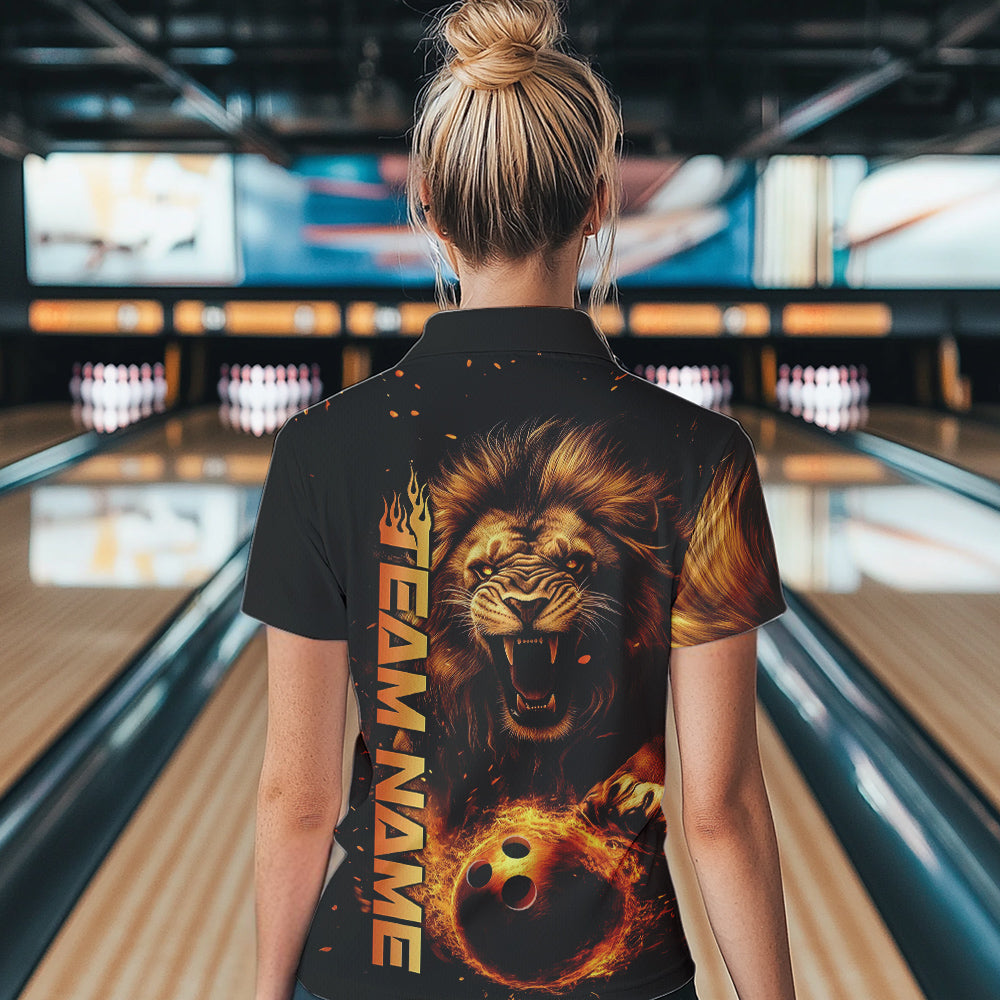 Custom Fire Flame Lion Bowling Team Polo Shirts For Women, Lion Bowling Tournament Shirt IPHW8979
