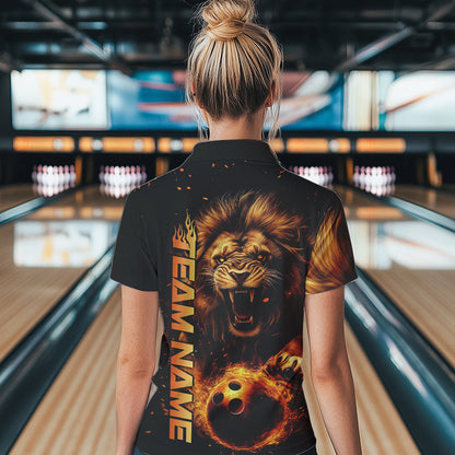 Custom Fire Flame Lion Bowling Team Polo Shirts For Women, Lion Bowling Tournament Shirt IPHW8979