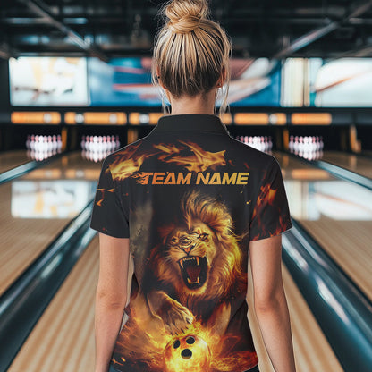 Custom Fire Flame Lion Bowling Polo Shirts For Women, Bowling League Shirt Team Uniform IPHW8980