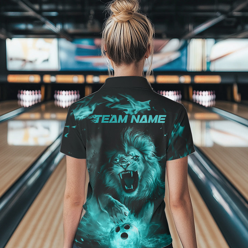 Custom Blue Flame Lion Bowling Polo Shirts For Women, Bowling League Shirt Team Uniform IPHW8982