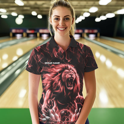 Custom Black And Red Flame Lion Bowling Women Polo Shirts, Lion Bowling Team Uniform IPHW8983