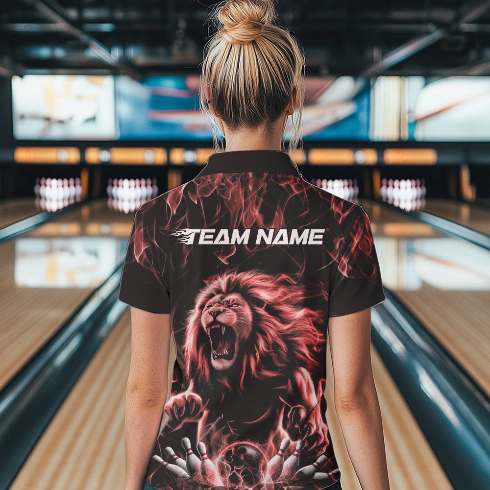 Custom Black And Red Flame Lion Bowling Women Polo Shirts, Lion Bowling Team Uniform IPHW8983