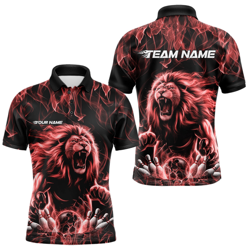 Custom Black And Red Flame Lion Bowling Men Polo Shirts, Lion Bowling Team Uniform IPHW8983