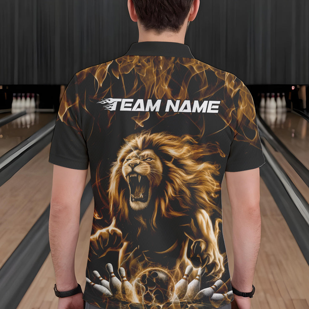 Custom Black And Yellow Flame Lion Bowling Men Polo Shirts, Lion Bowling Team Uniform IPHW8984