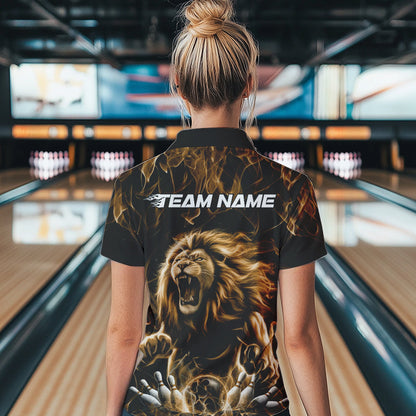 Custom Black And Yellow Flame Lion Bowling Women Polo Shirts, Lion Bowling Team Uniform IPHW8984