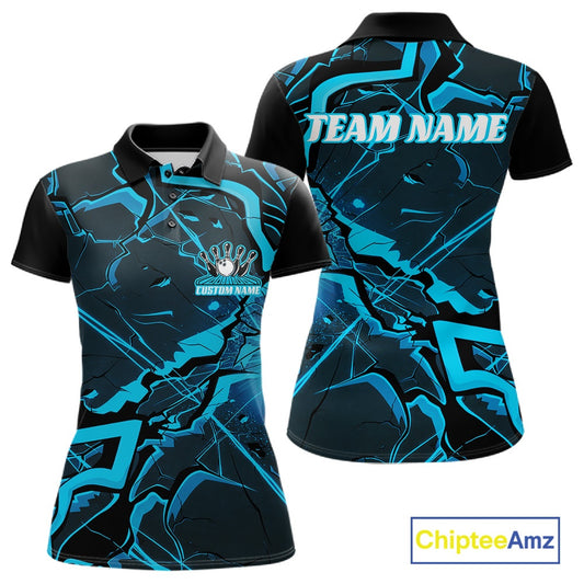 Front and back womens black and blue bowling polo featuring cracked geometric artwork with sharp futuristic lines.