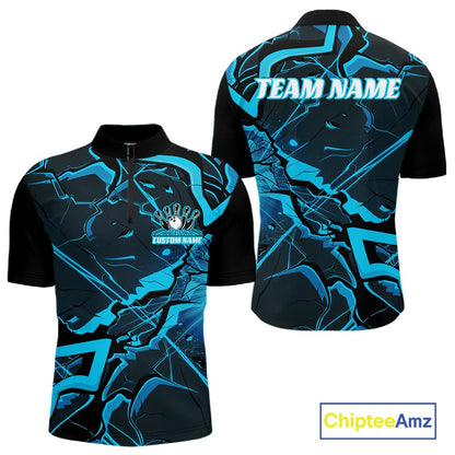Front and back mens black and blue bowling quarter-zip featuring a futuristic cracked geometric pattern.