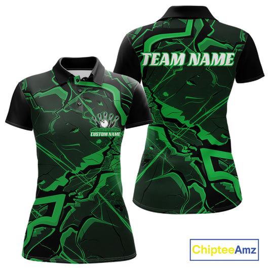 Front and back womens bowling polo featuring a black and green cracked geometric pattern with futuristic angular lines.