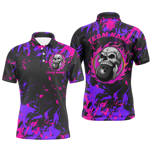 Custom Pink And Purple Bowling Jerseys For Men And Women, Flame Skull Bowling Team Shirts IPHW6708