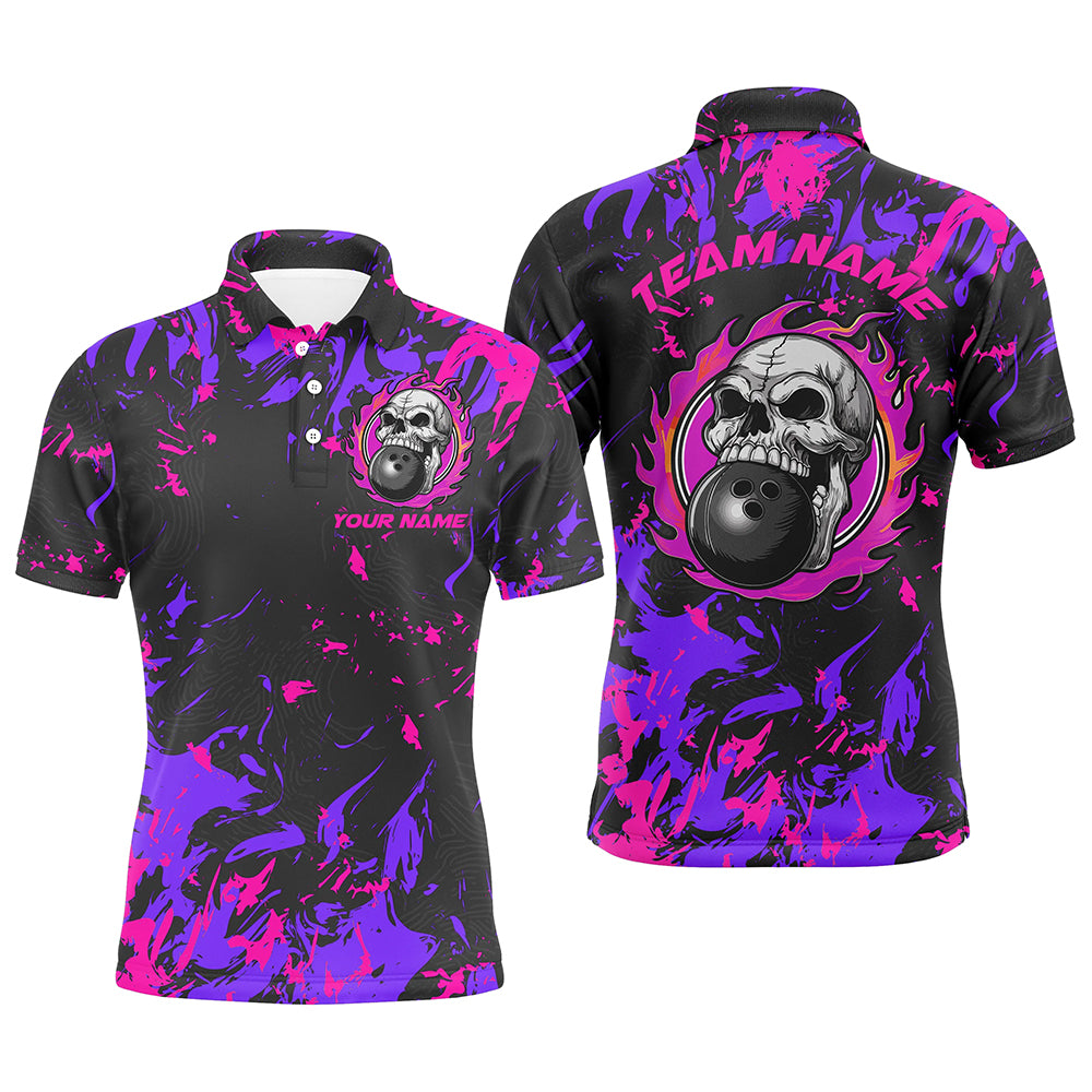 Custom Pink And Purple Bowling Jerseys For Men And Women, Flame Skull Bowling Team Shirts IPHW6708
