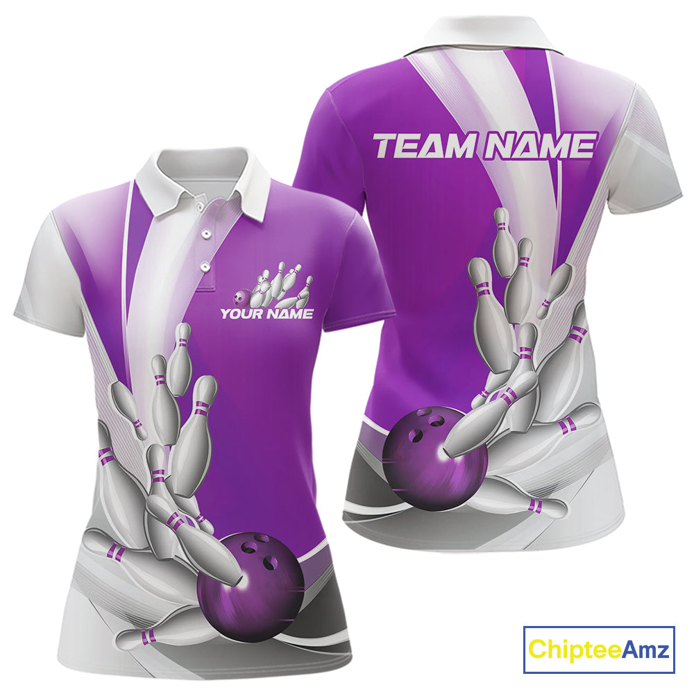 Custom Purple Bowling Polo Shirts For Women, Bowling Team Shirt Bowlers Outfit IPHW9231