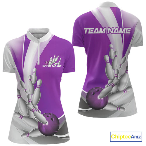 Custom Purple Bowling Quarter-Zip Shirts For Women, Bowling Team Shirt Bowlers Outfit IPHW9231