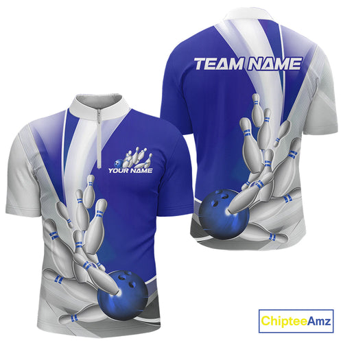 Custom Blue Bowling Quarter-Zip Shirts For Men, Bowling Team Shirt Bowlers Outfit IPHW9232