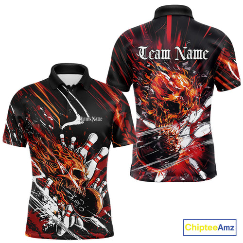 Custom Flame Skull Bowling Team Men Polo Shirts, Fire Halloween Bowler Outfit Uniform IPHW9583