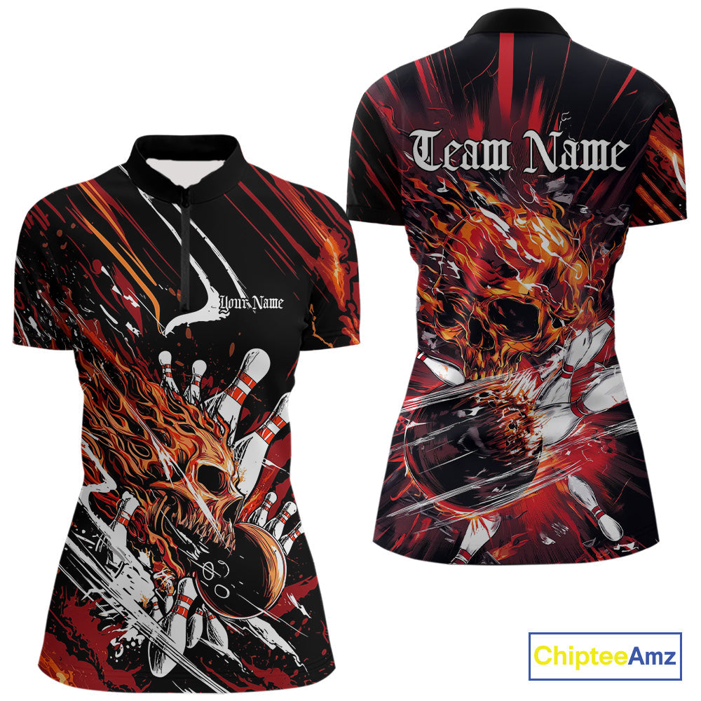 Custom Flame Skull Bowling Women Quarter-Zip Shirts, Fire Halloween Bowler Outfit Uniform IPHW9583
