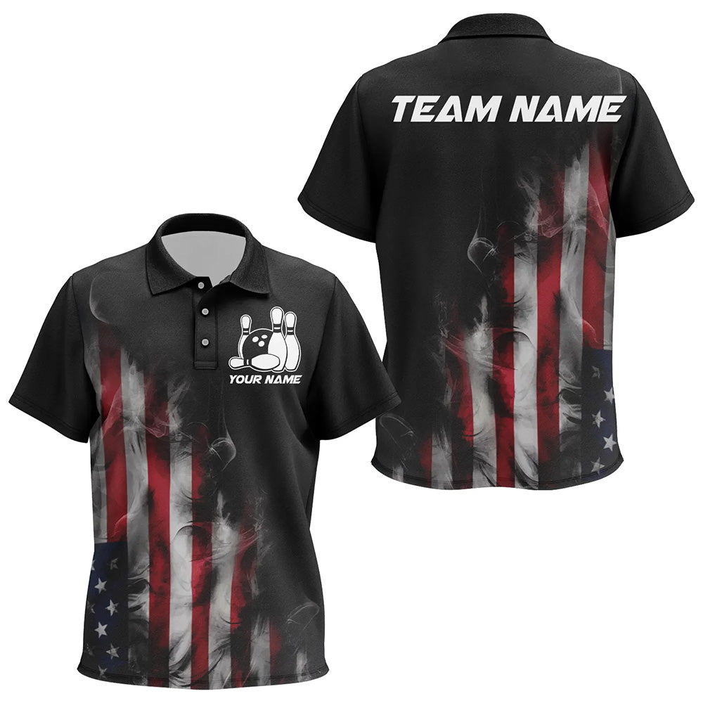 Smoke American Flag Custom Patriotic Bowling Polo Shirts For Kid, Us Bowling Team Shirt IPHW7585