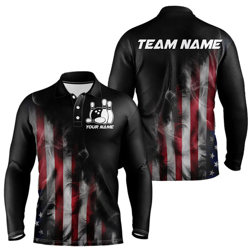 Smoke American Flag Custom Patriotic Bowling Long Sleeve Polo Shirts For Men, Us Bowling Team Shirt IPHW7585