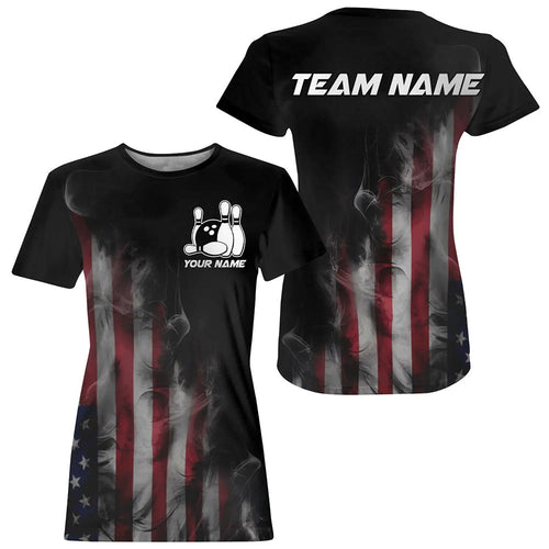 Smoke American Flag Custom Patriotic Bowling T-Shirts For Women, Us Bowling Team IPHW7585