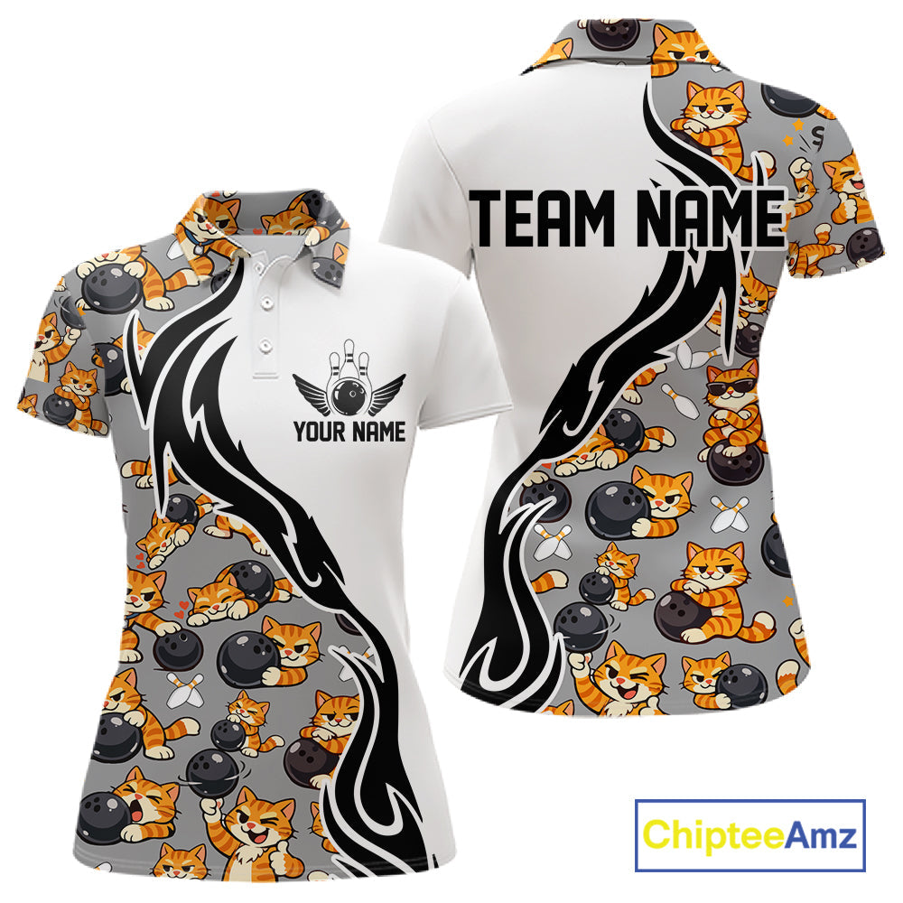 Custom Cute Funny Ginger Tabby Cat Bowling Women Polo Shirts, Cat Bowling Team Shirt IPHW10316