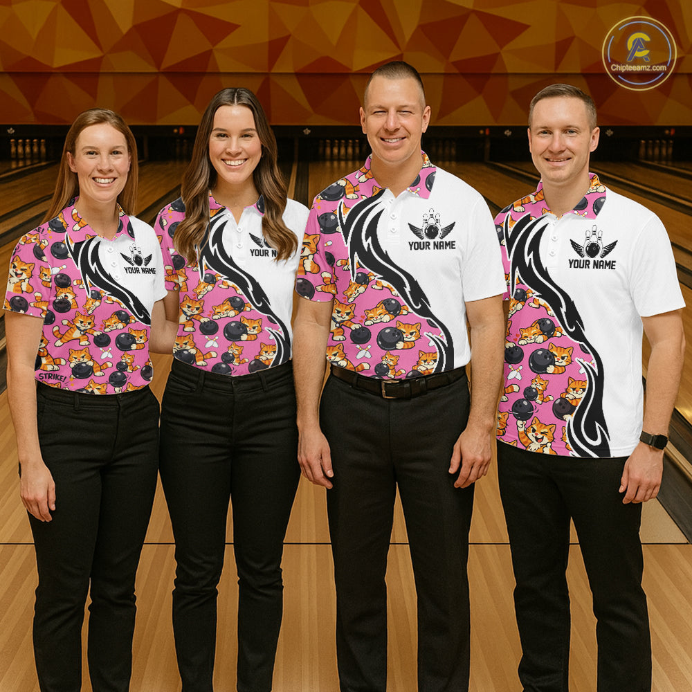 Custom Cute Funny Ginger Tabby Cat Bowling Men Polo Shirts, Cat Bowling Team Shirt IPHW10319