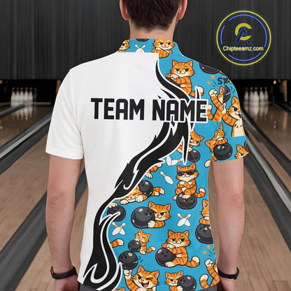 Custom Cute Funny Ginger Tabby Cat Bowling Men Polo Shirts, Cat Bowling Team Shirt IPHW10320