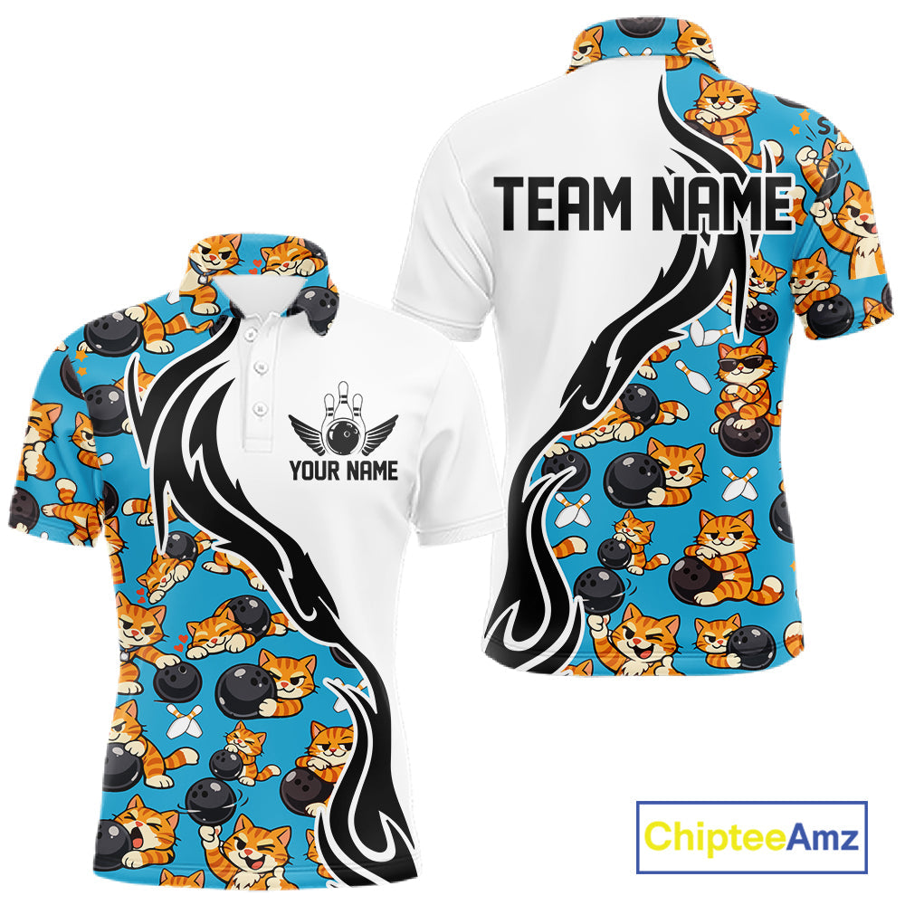 Custom Cute Funny Ginger Tabby Cat Bowling Men Polo Shirts, Cat Bowling Team Shirt IPHW10320