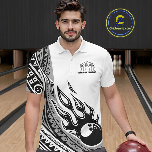 Custom Gray Tribal Polynesian Pattern Men Bowling Team Shirt, Maori Style Bowling Outfit IPHW10328
