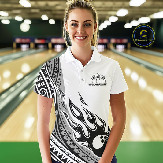 Custom Gray Tribal Polynesian Pattern Women Bowling Team Shirt, Maori Style Bowling Outfit IPHW10328
