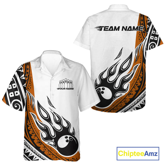 Custom Orange Tribal Polynesian Pattern Men And Women Bowling Shirt, Maori Style Bowling Outfit IPHW10329