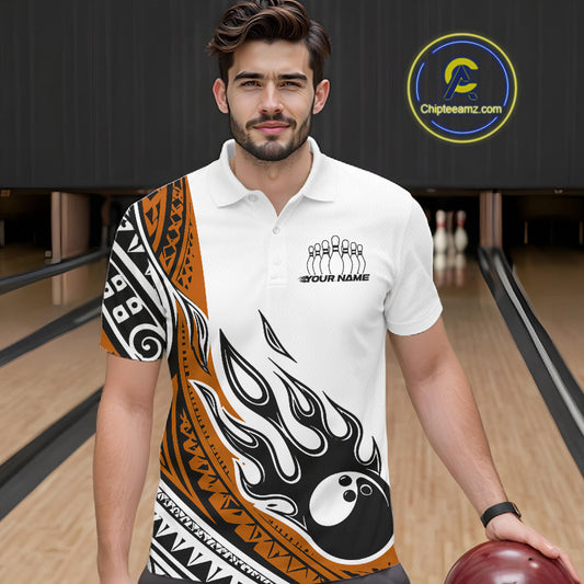Custom Orange Tribal Polynesian Pattern Men Bowling Shirt, Maori Style Bowling Outfit IPHW10329