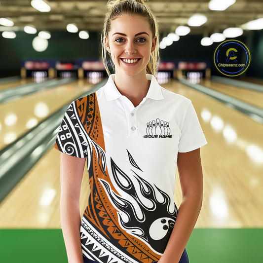 Custom Orange Tribal Polynesian Pattern Women Bowling Shirt, Maori Style Bowling Outfit IPHW10329