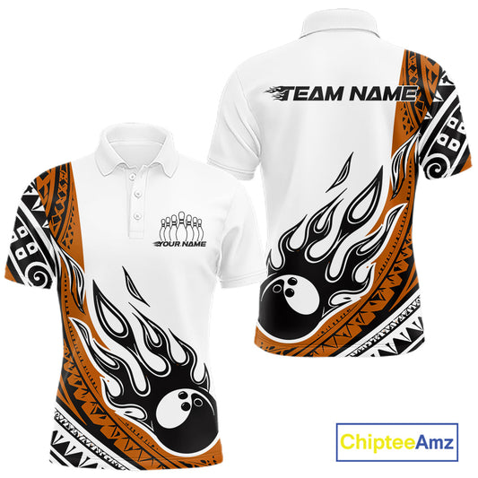 Custom Orange Tribal Polynesian Pattern Men Bowling Shirt, Maori Style Bowling Outfit IPHW10329