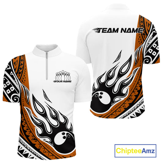 Custom Orange Tribal Polynesian Pattern Men Bowling Shirt, Maori Style Bowling Outfit IPHW10329