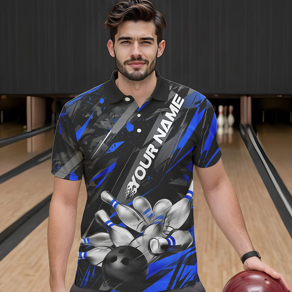 Custom Black And Blue Bowling Polo Shirts For Men, Bowling Tournament Team Uniform IPHW8528