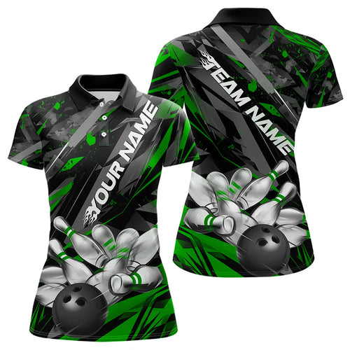 Custom Black And Green Bowling Polo Shirts For Women, Bowling Tournament Team Uniform IPHW8529