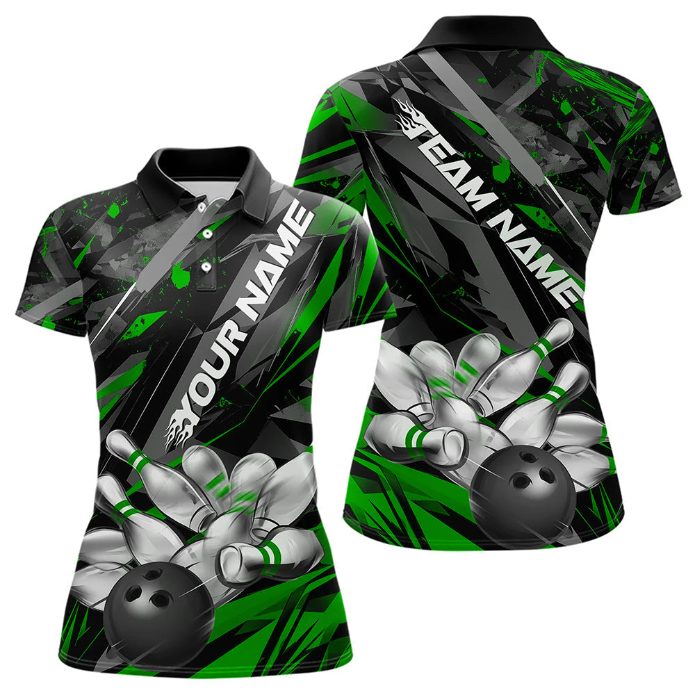 Custom Black And Green Bowling Polo Shirts For Women, Bowling Tournament Team Uniform IPHW8529