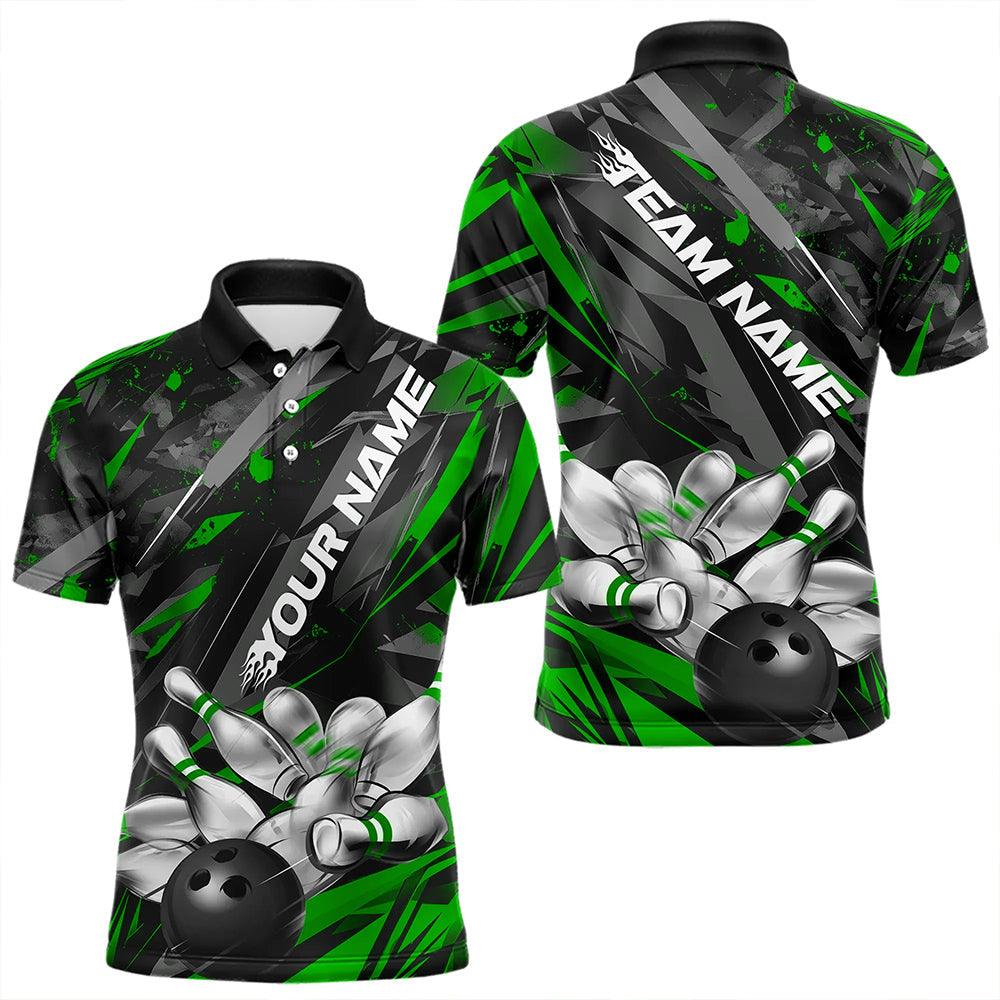 Custom Black And Green Bowling Polo Shirts For Men, Bowling Tournament Team Uniform IPHW8529