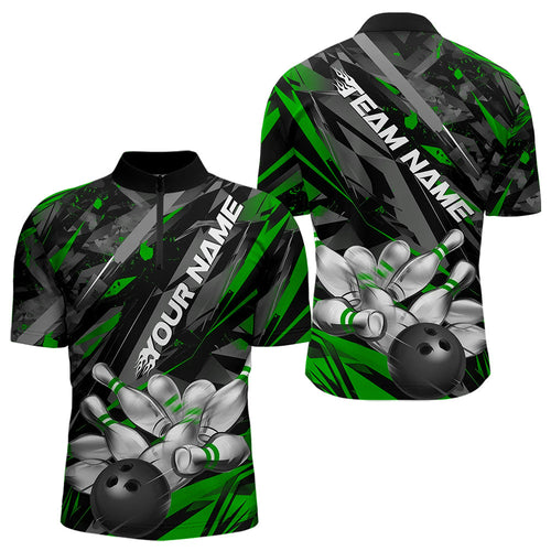 Custom Black And Green Bowling Quarter-Zip Shirts For Men, Bowling Tournament Team Uniform IPHW8529