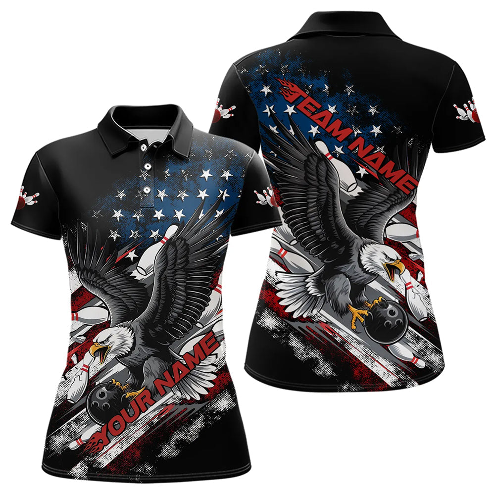 Personalized American Flag Eagle Women Bowling Polo Shirts, Patriotic Bowling League Shirt  IPHW8731