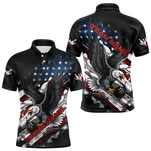 Personalized American Flag Eagle Men Bowling Polo Shirts, Patriotic US Bowling League Shirt  IPHW8731