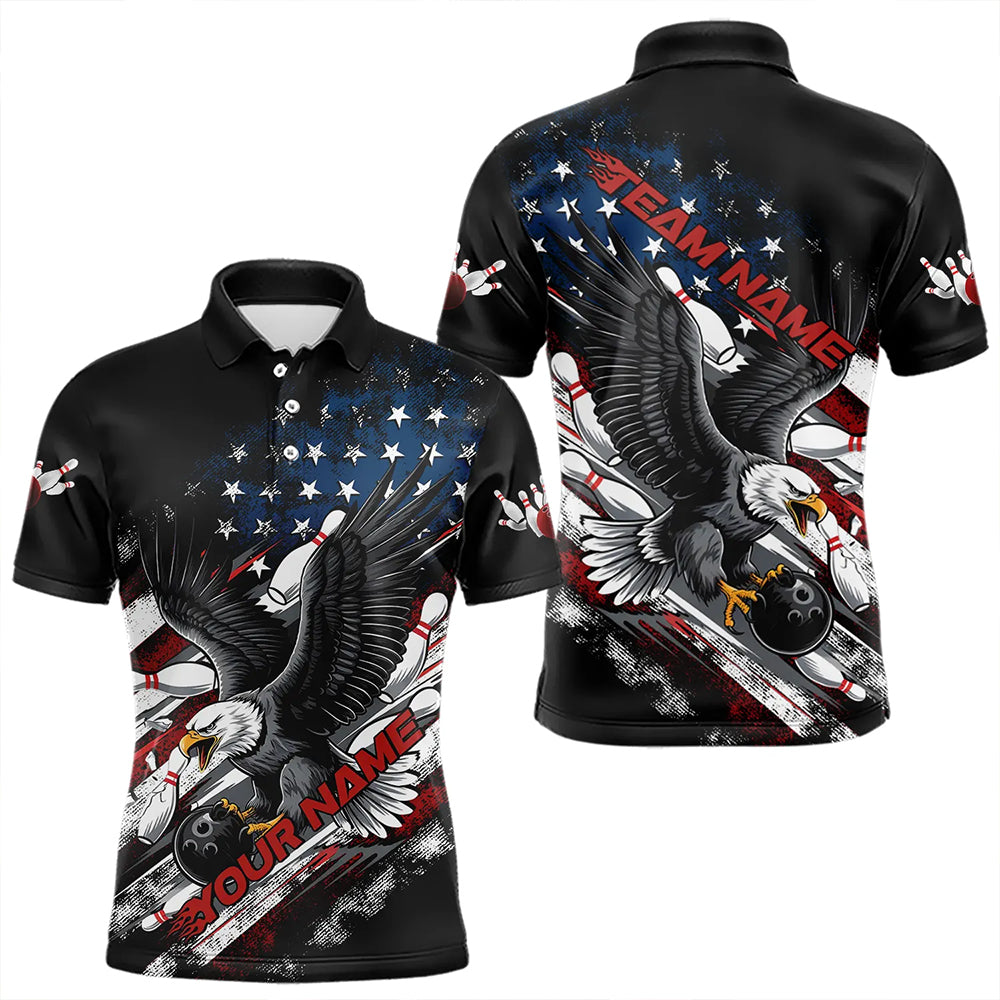 Personalized American Flag Eagle Men Bowling Polo Shirts, Patriotic US Bowling League Shirt  IPHW8731