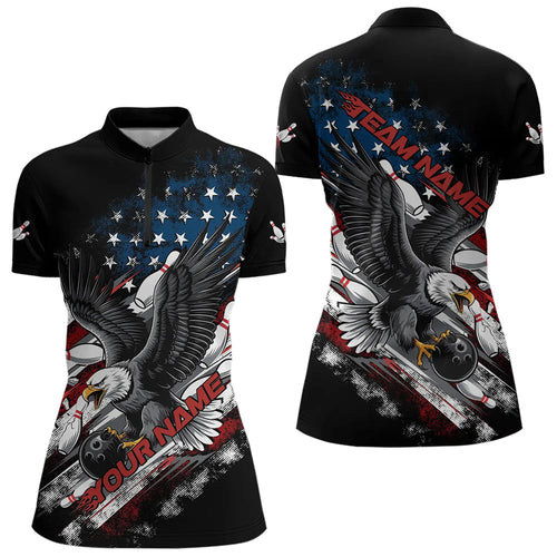 Personalized American Flag Eagle Women Bowling Quarter-Zip Shirts, Patriotic Bowling Shirt  IPHW8731