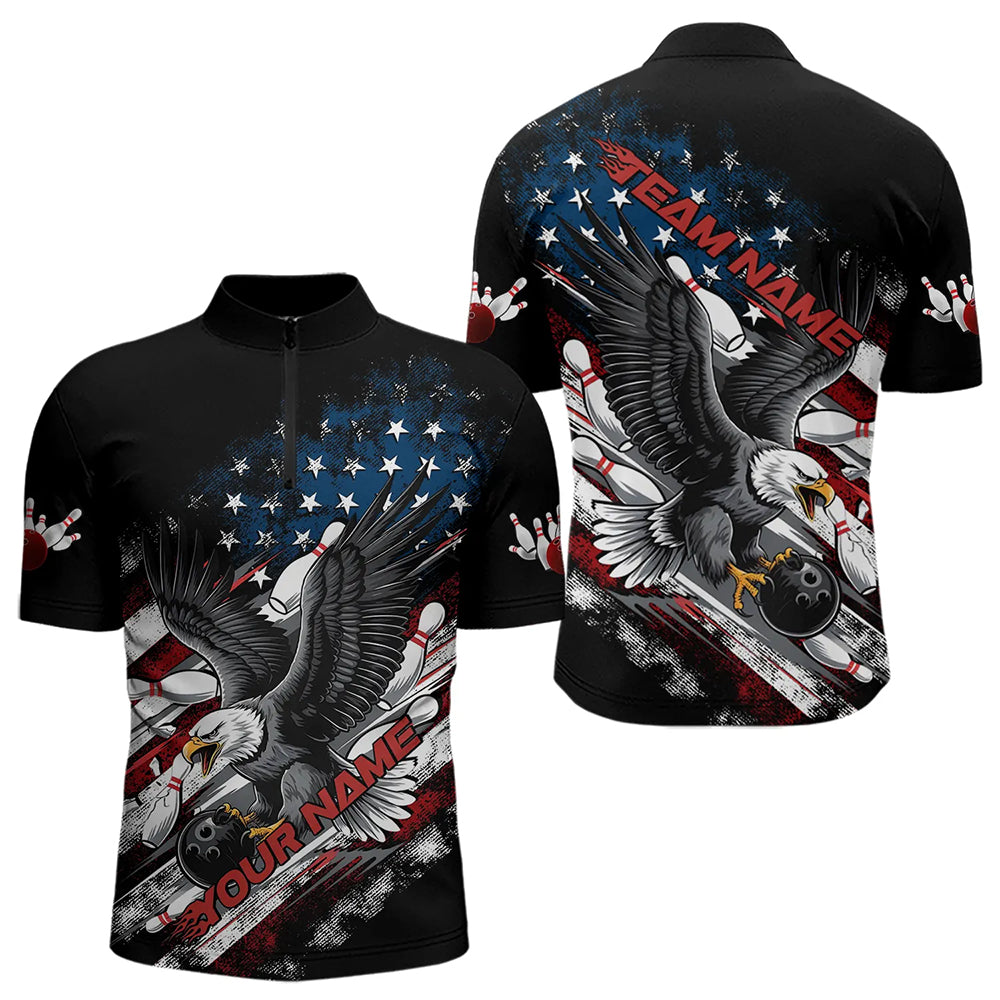 Personalized American Flag Eagle Men Bowling Quarter-Zip Shirts, Patriotic US Bowling League Shirt  IPHW8731