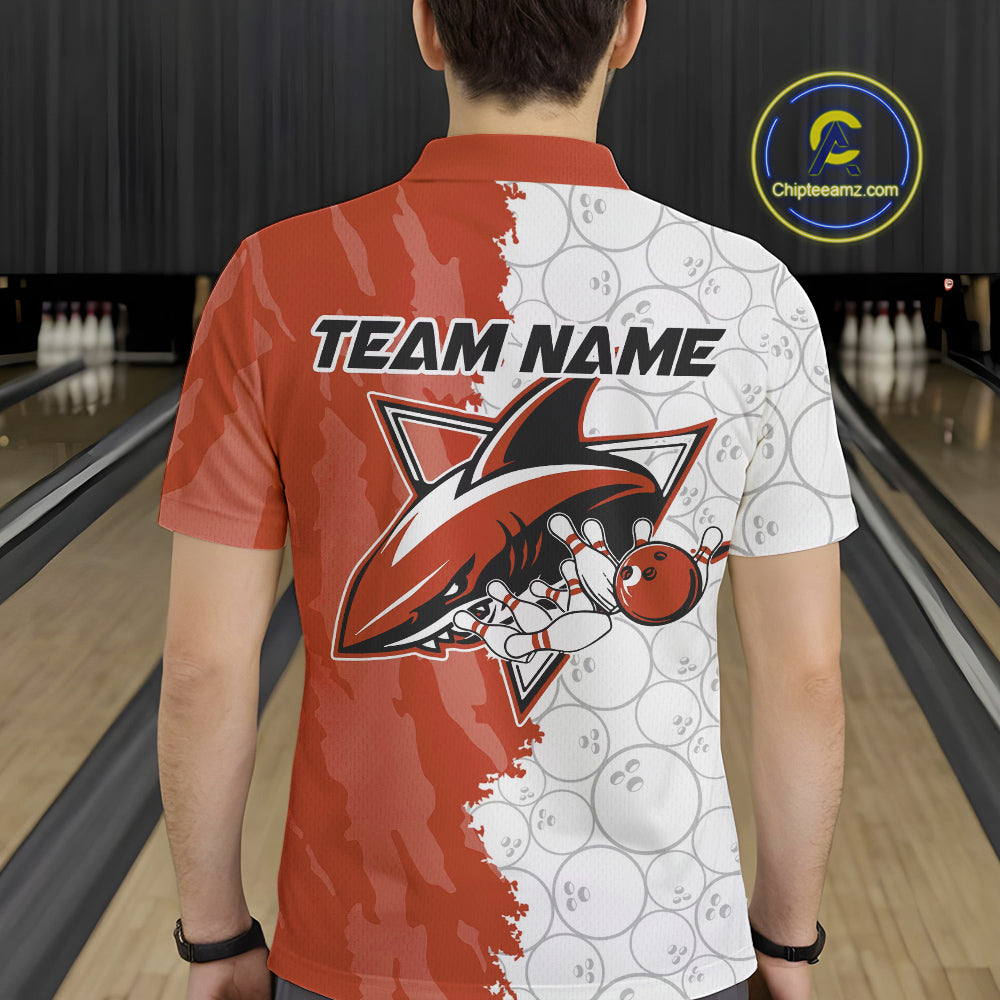 Custom White And Orange Shark Bowling Polo Shirts For Men, Shark Bowling League Shirt IPHW8991