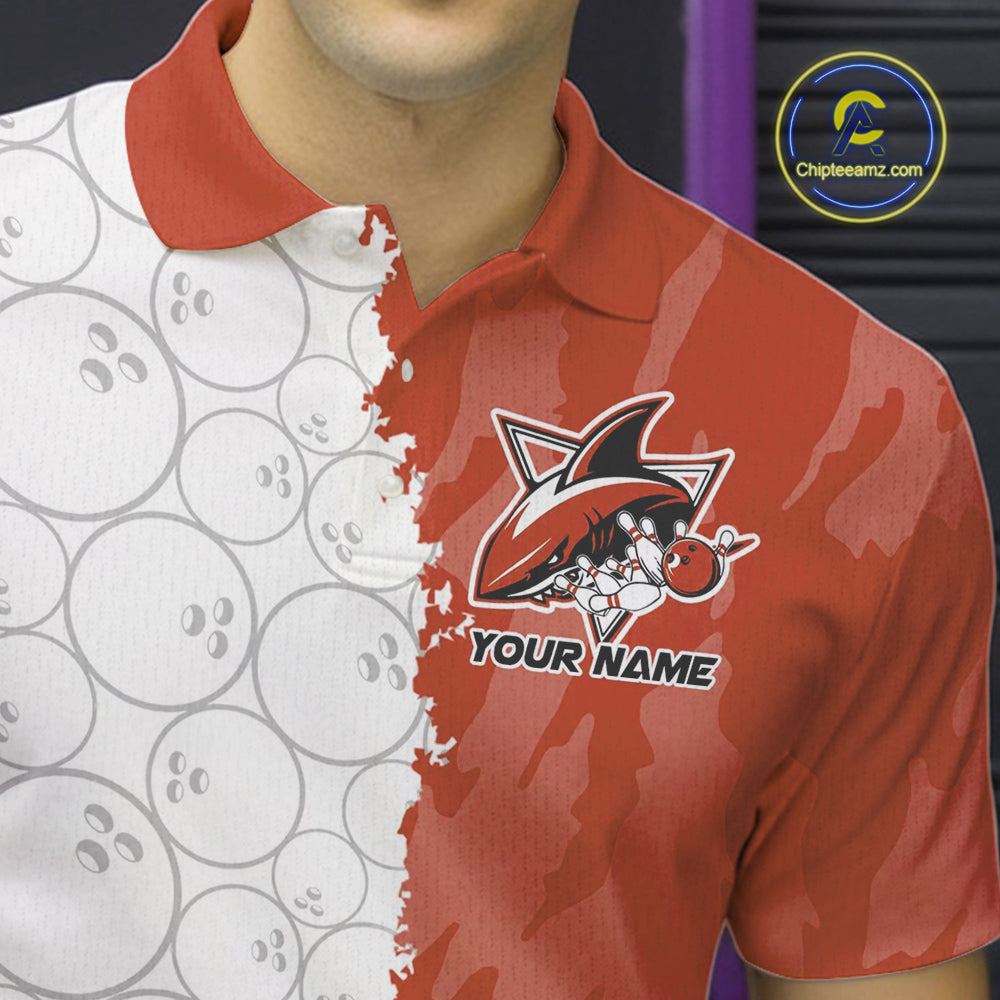 Custom White And Orange Shark Bowling Polo Shirts For Men, Shark Bowling League Shirt IPHW8991