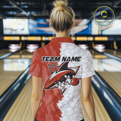 Custom White And Orange Shark Bowling Polo Shirts For Women, Shark Bowling League Shirt IPHW8991