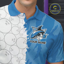 Load image into Gallery viewer, Custom White And Blue Shark Bowling Polo Shirts For Men, Shark Bowling League Shirt IPHW8993
