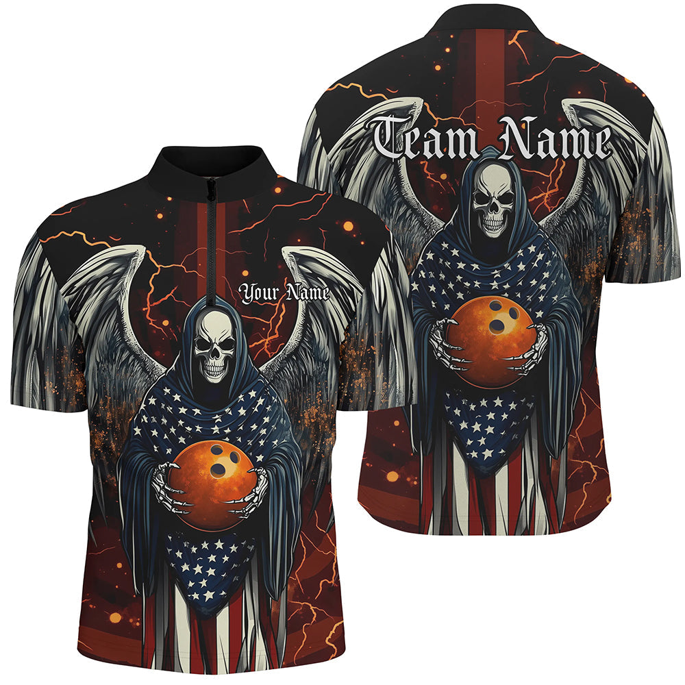 Custom Us Bowling Shirts For Men, American Flag Skull Patriotic Bowling Team Shirt Outfit IPHW7607